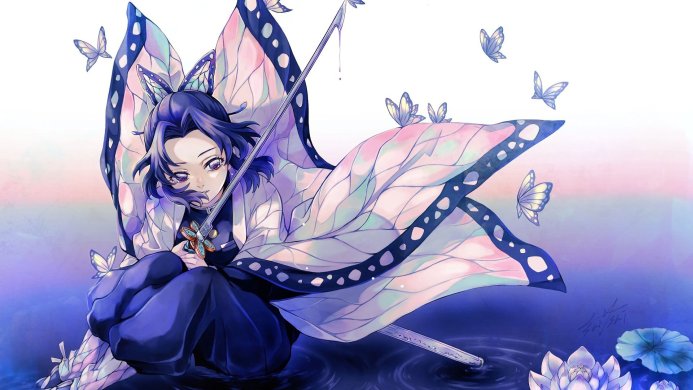 Shinobu Kocho from Demon Slayer with butterfly wings and a katana