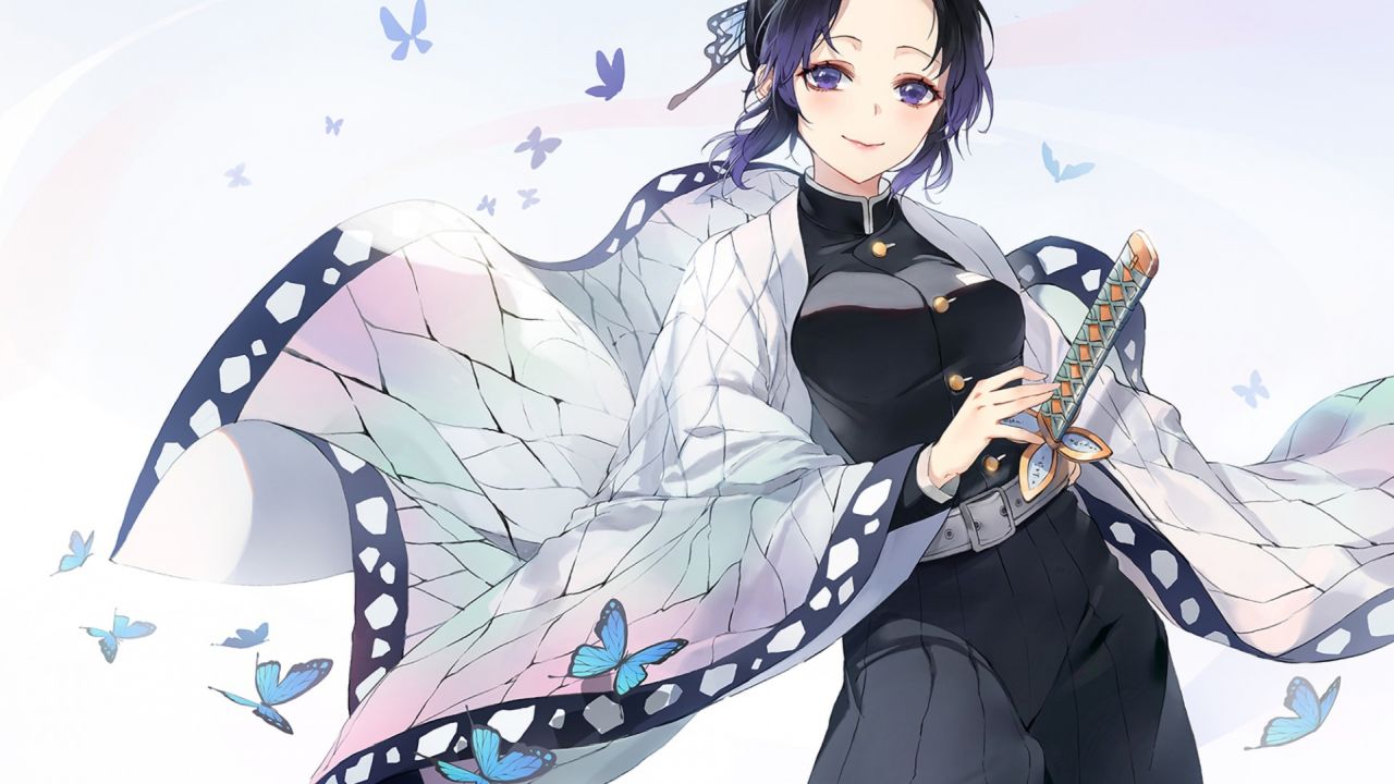 Shinobu Kocho in demon slayer uniform with sword and butterflies