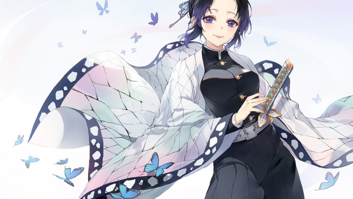 Shinobu Kocho from Demon Slayer in butterfly patterned kimono, smiling