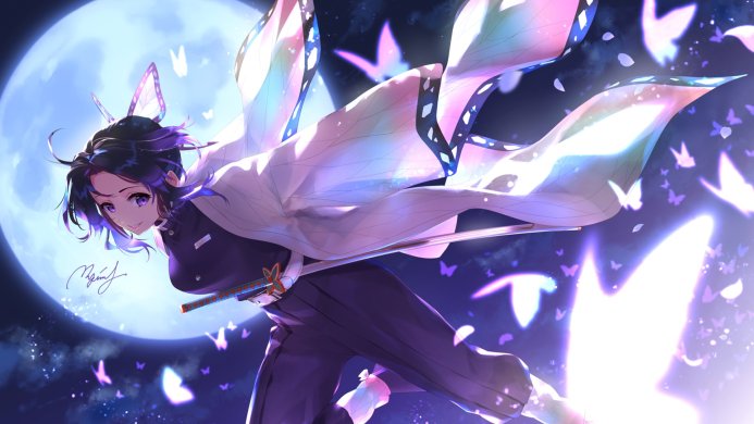 Shinobu Kocho from Demon Slayer with butterfly wings against a full moon
