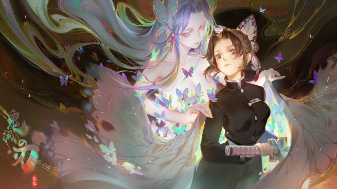 Shinobu Kocho and Doma from Demon Slayer surrounded by butterflies