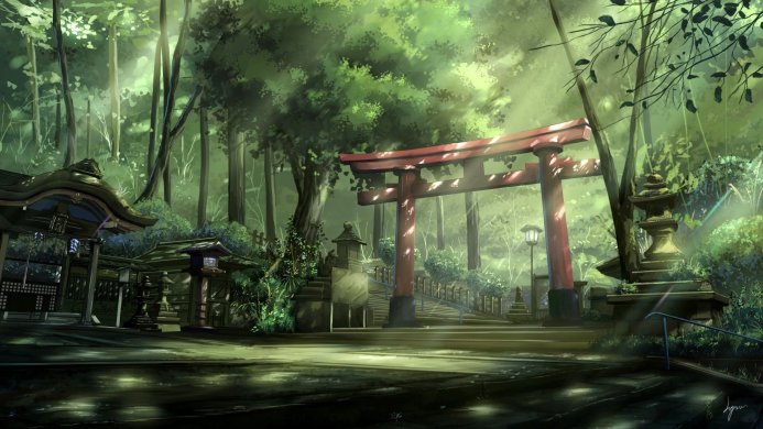 Anime style image of a Shinto shrine with a red torii gate in a forest setting