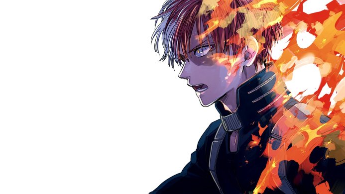 Shoto Todoroki from My Hero Academia with fire on one side and his other side of hair is white