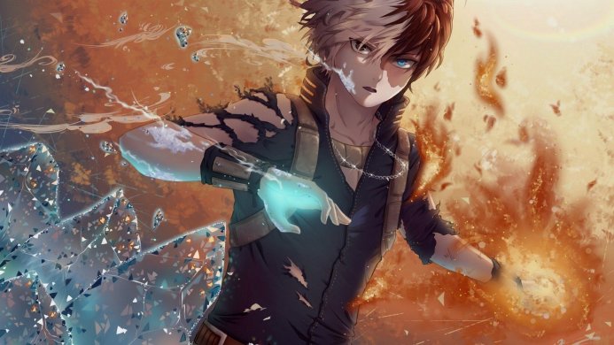 Shoto Todoroki from My Hero Academia, wielding fire and ice powers