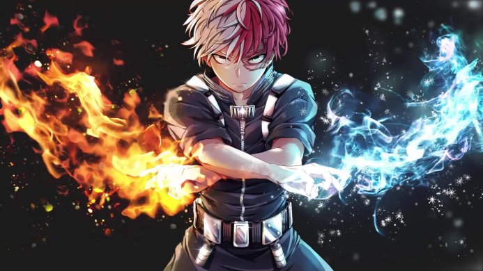Shoto Todoroki from My Hero Academia with fire and ice powers