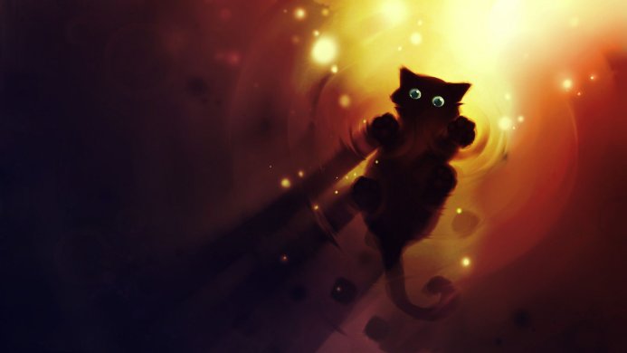 Silhouette of a cat with glowing eyes in a fantasy setting