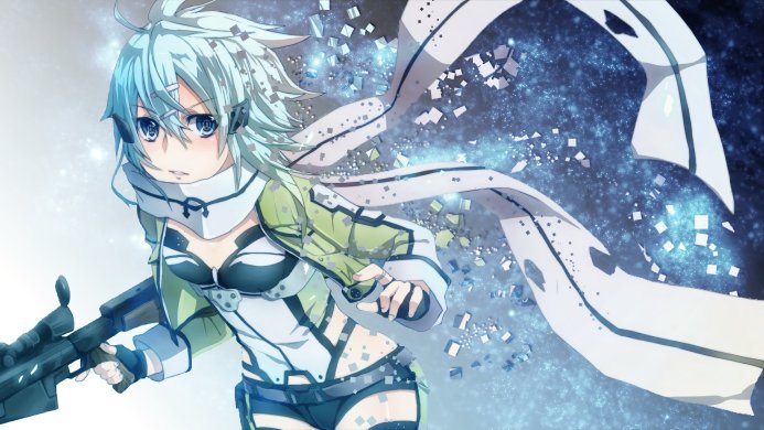 Sinon from Sword Art Online holding a sniper rifle in a futuristic setting