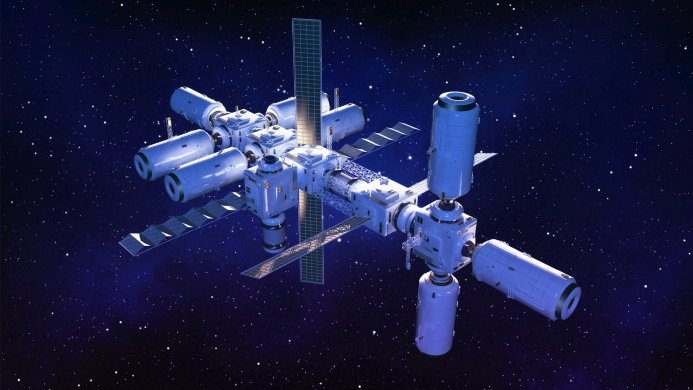 Detailed image of a space station in deep space with a starlit background