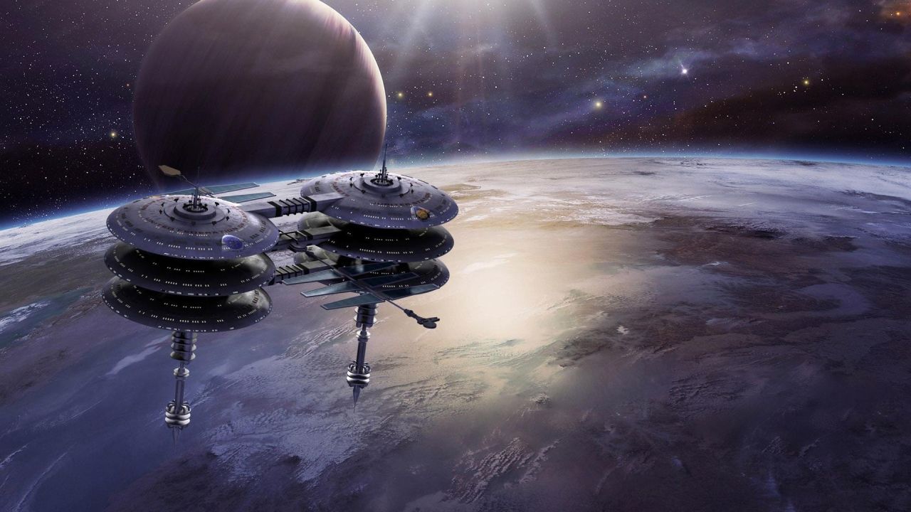 Starfleet space station orbiting a planet with gas giant