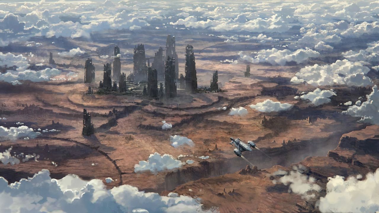 Science fiction landscape city spaceship clouds canyon