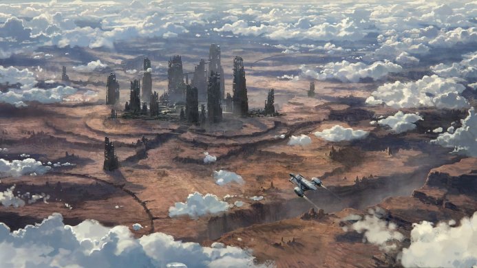 A spaceship flies over the ruins of an ancient city surrounded by clouds