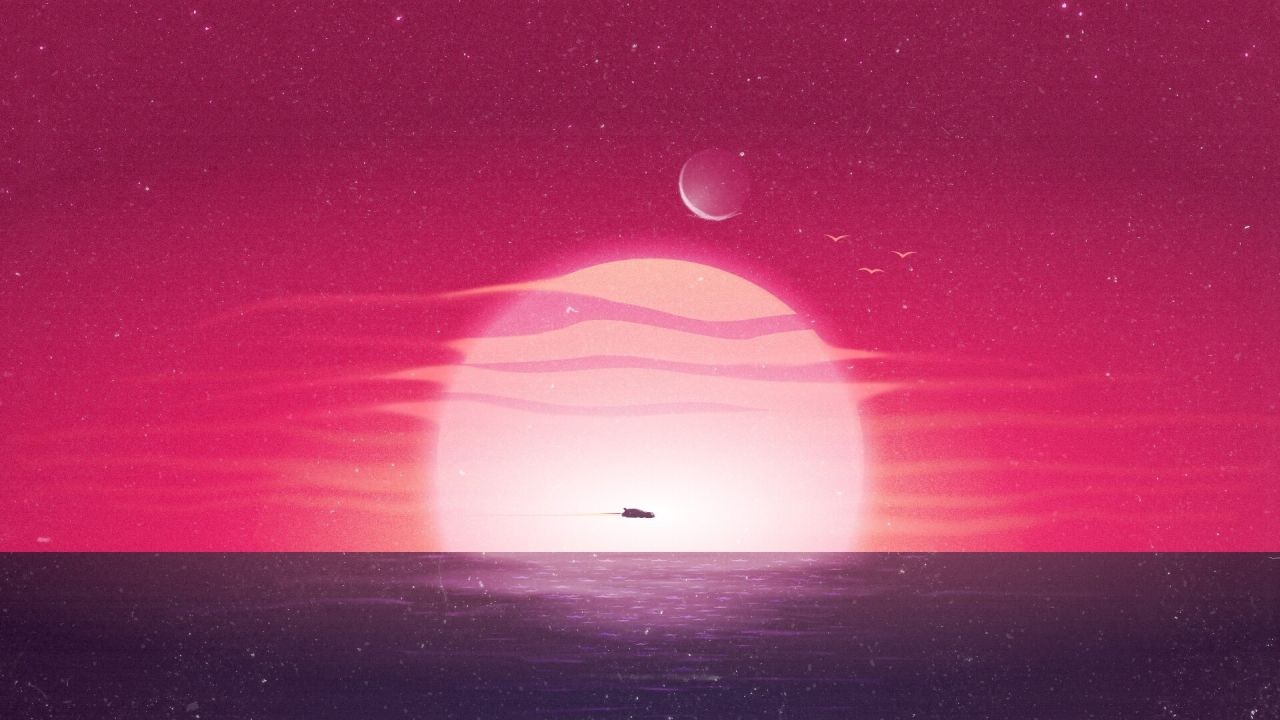 Spaceship over water at sunset in minimalist pink sky