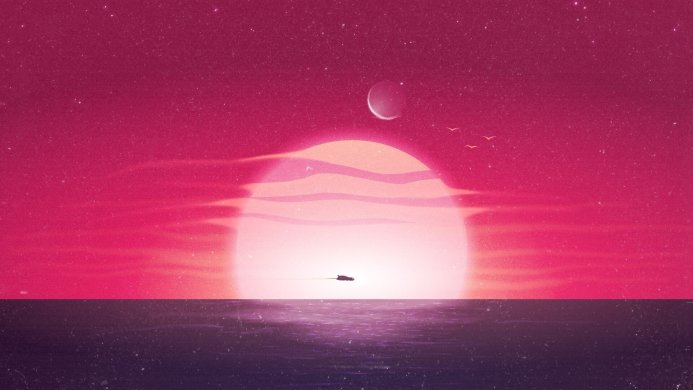 Spaceship flying over water at sunset with stars in the sky, pink and purple illustration