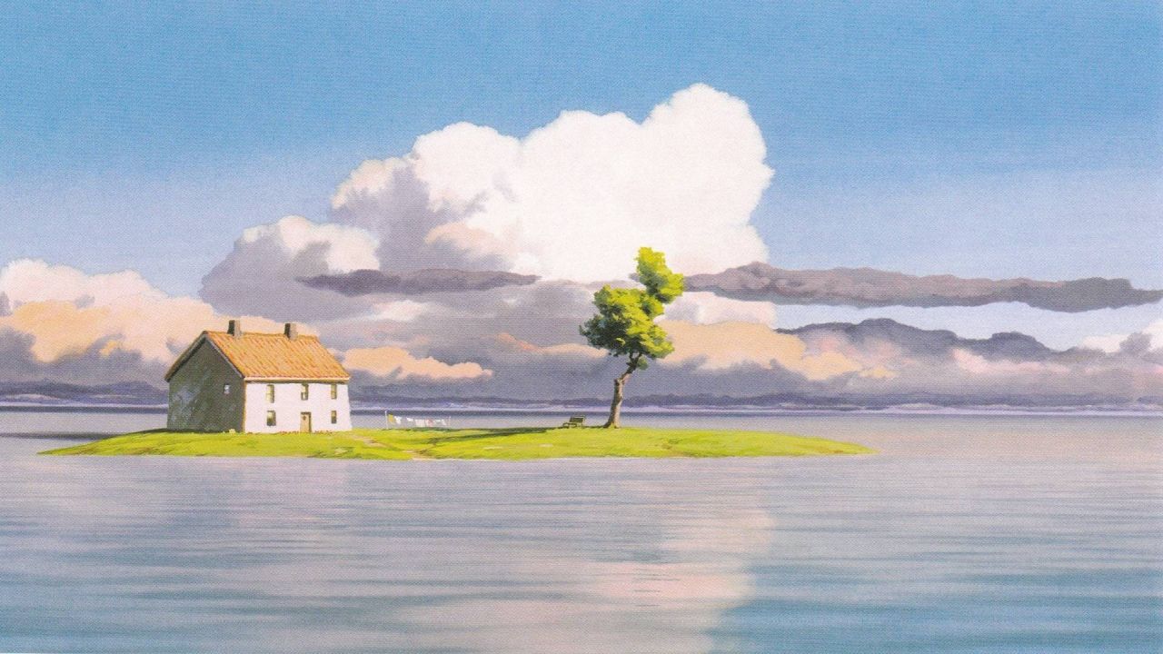 Small house on island in water from Spirited Away anime