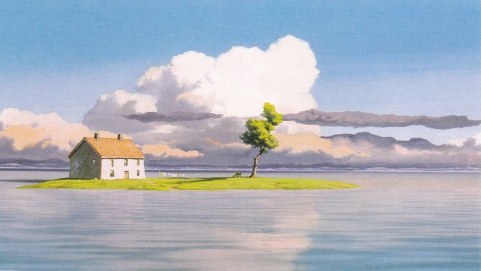 A house on an island, a tree, and calm water in Spirited Away
