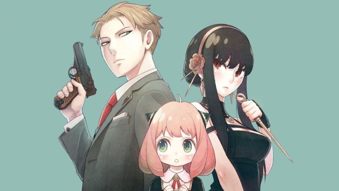 Loid, Yor, and Anya Forger from Spy x Family anime, posing against a blue background