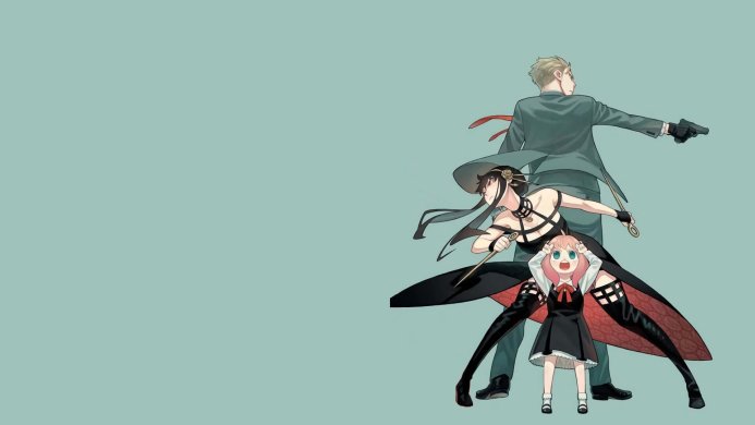 Loid, Yor, and Anya Forger from Spy x Family anime in a family portrait pose