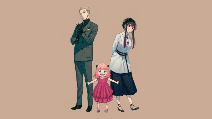 Spy x Family characters: Loid, Yor, and Anya Forger, standing together in a family portrait