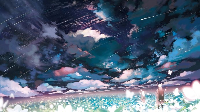 Two figures in a field of white flowers under a starry night sky with shooting stars and blue clouds