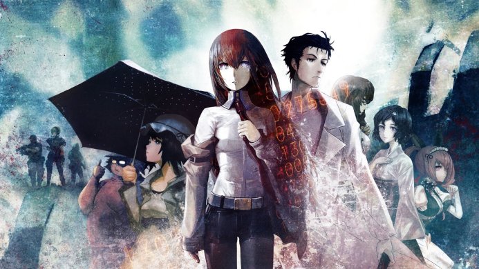 Group of characters from Steins;Gate anime, including Kurisu Makise and Rintaro Okabe