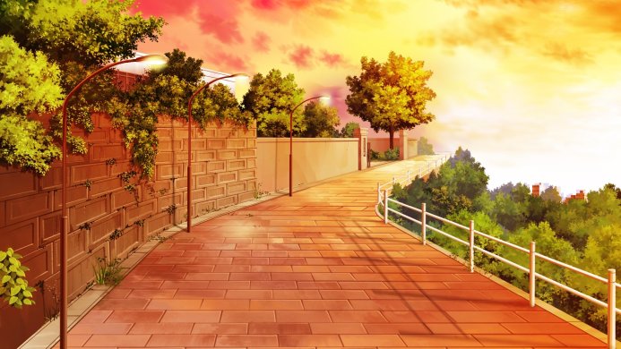 Illustration of a street with trees and a brick wall during a warm sunset