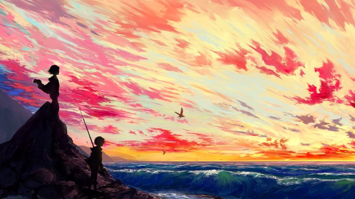 Two silhouetted figures fishing on a rocky coast at sunset with birds flying above the ocean