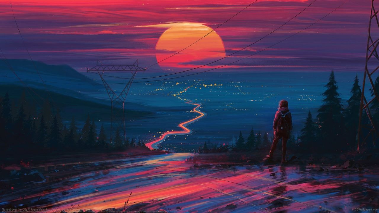 Person watching city lights under sunset sky digital art