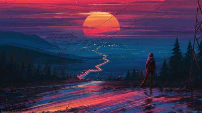 A person watches a sunset over a city with lights, power lines and trees in the foreground