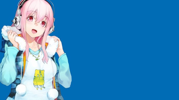 Anime girl with pink hair wearing headphones on a blue background