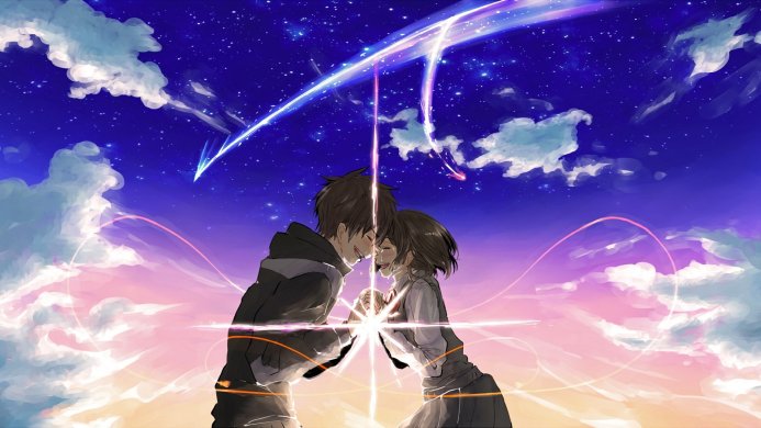Taki and Mitsuha, characters from the anime movie Your Name, connecting under a meteor shower