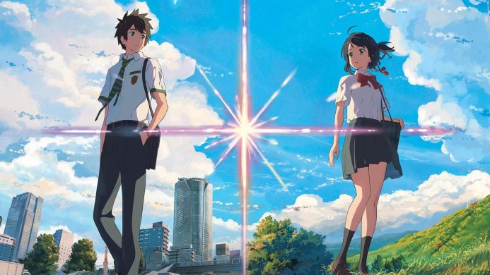Taki Tachibana and Mitsuha Miyamizu from 'Your Name' anime film standing opposite each other