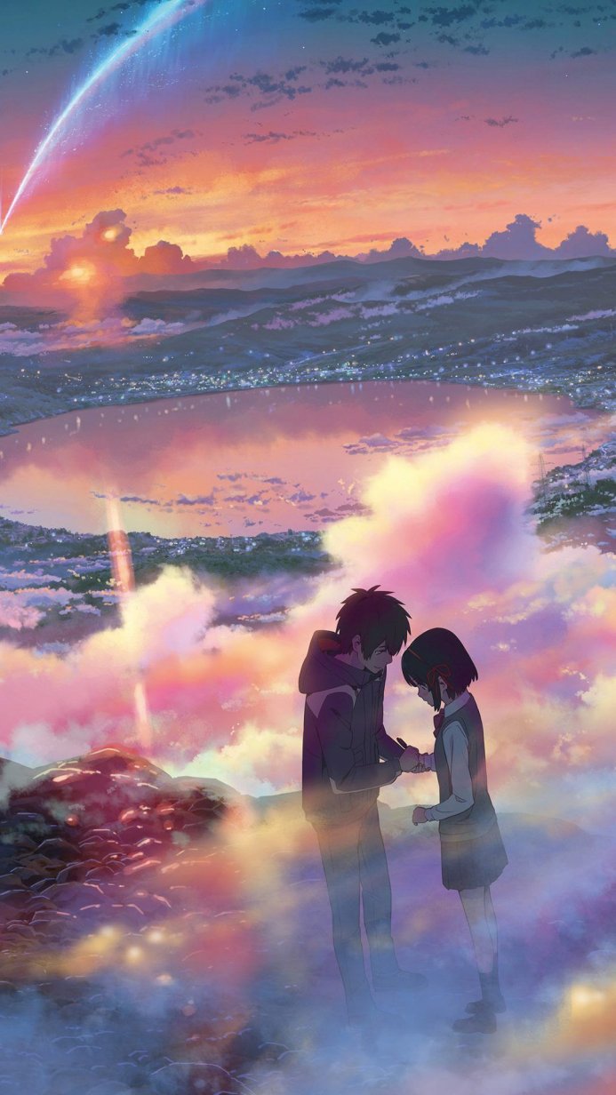 Taki and Mitsuha from the anime Your Name, standing together against a vibrant sunset