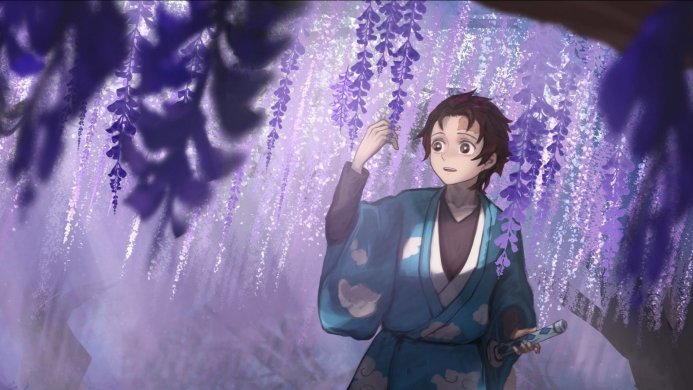 Tanjiro Kamado from Demon Slayer stands beneath wisteria flowers in a blue kimono