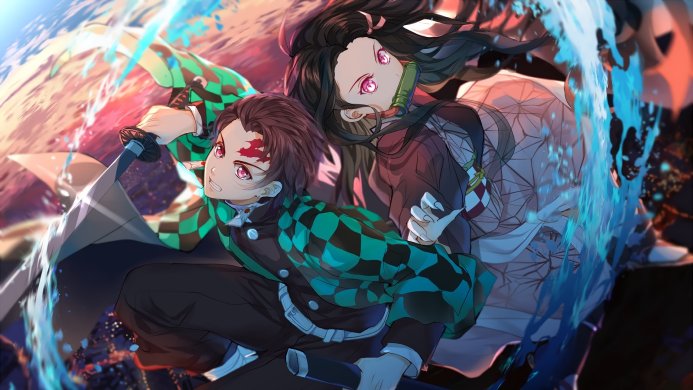 Tanjiro and Nezuko Kamado from Demon Slayer with a sword and bamboo muzzle