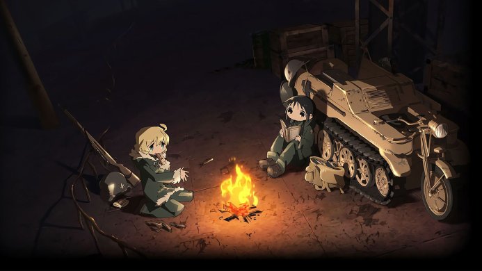Tanya Degurechaff and Chito sitting near a campfire with military equipment in the background