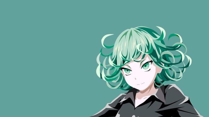 Tatsumaki from One-Punch Man with green hair and eyes on a teal background