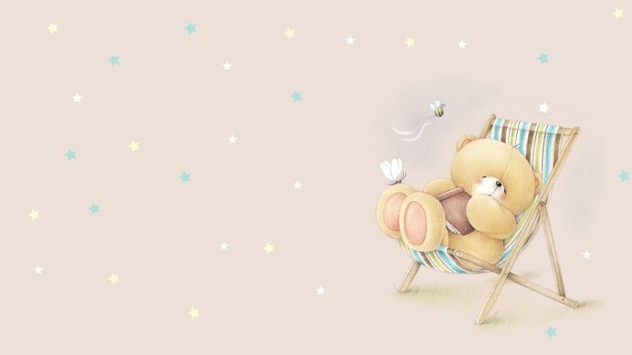Teddy bear sleeping on a beach chair with a book, surrounded by stars