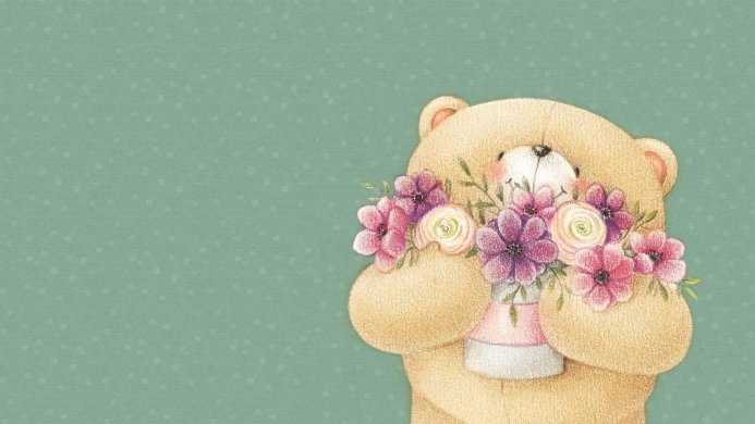 A cute teddy bear holding a bouquet of flowers on a green background