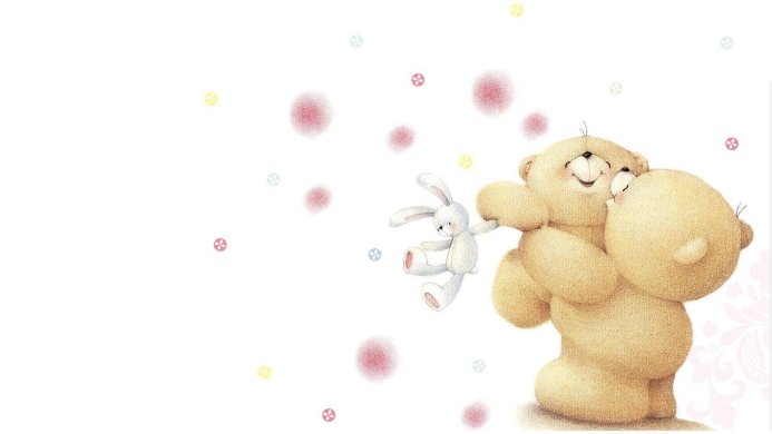 Two teddy bears and a rabbit plush hugging on a white background with decorative elements