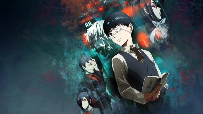Tokyo Ghoul anime characters: Ken Kaneki, Touka Kirishima, Hideyoshi Nagachika, and Rize Kamishiro