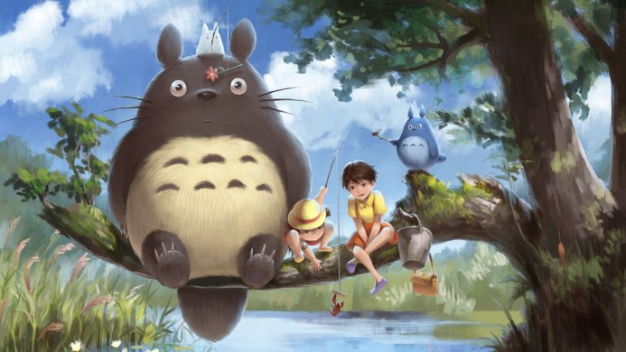 Totoro and the Kusakabe sisters fishing from a tree in My Neighbor Totoro