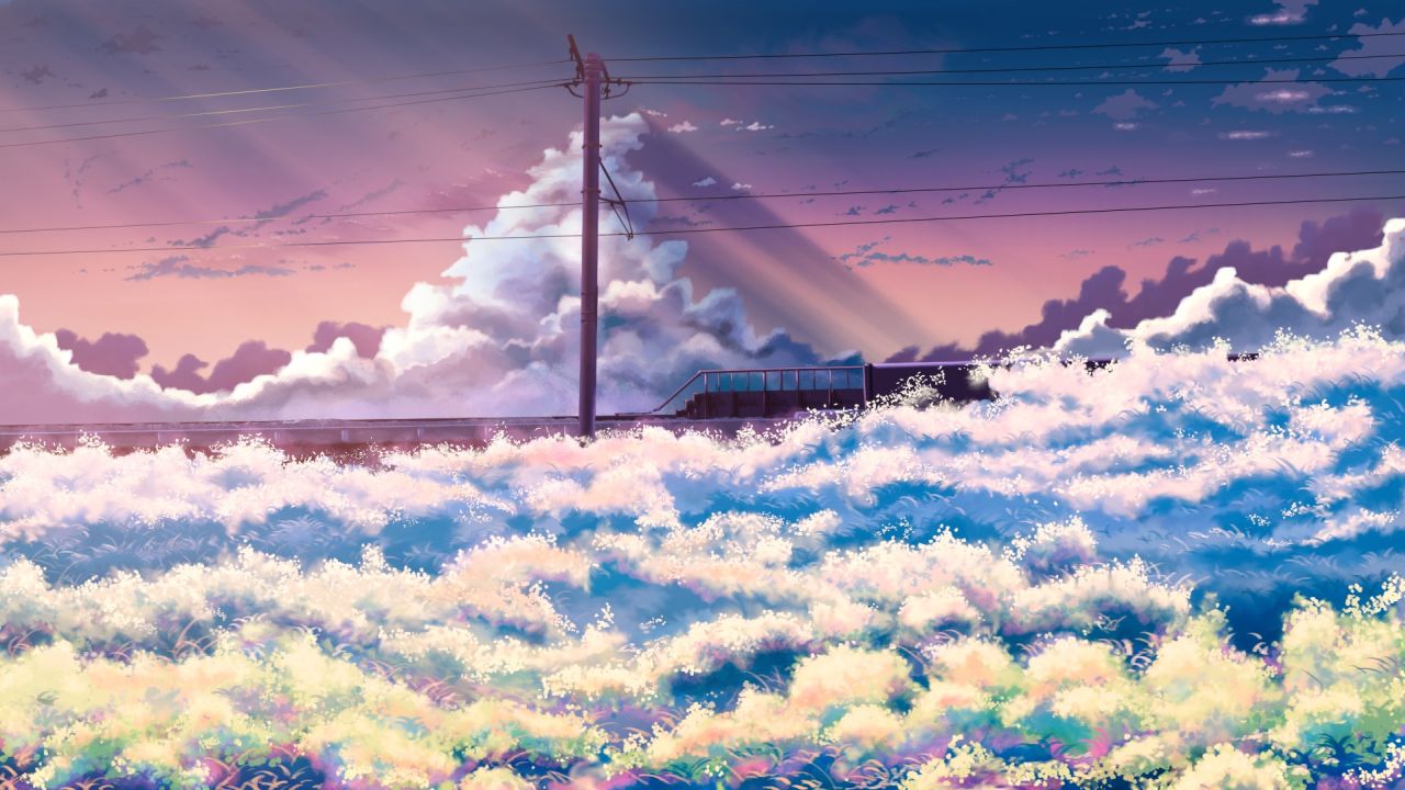 Anime landscape with train sunset sky clouds