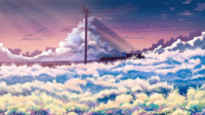 A train travels on a bridge above clouds at sunset, with an electrical pole in the foreground