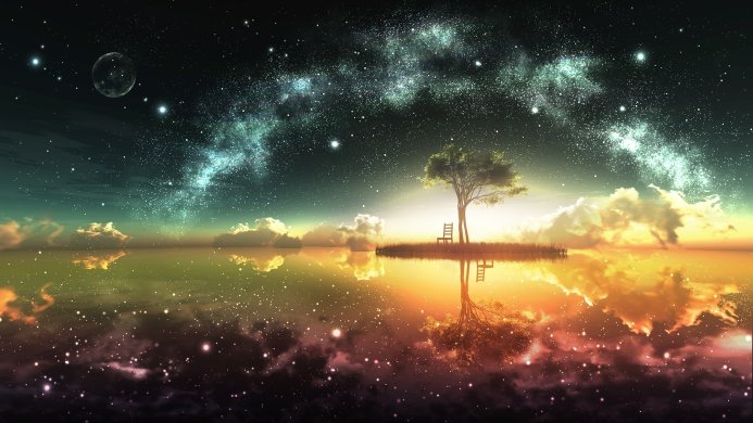 A lone tree and chair on an island, reflected in calm water under a starry night sky