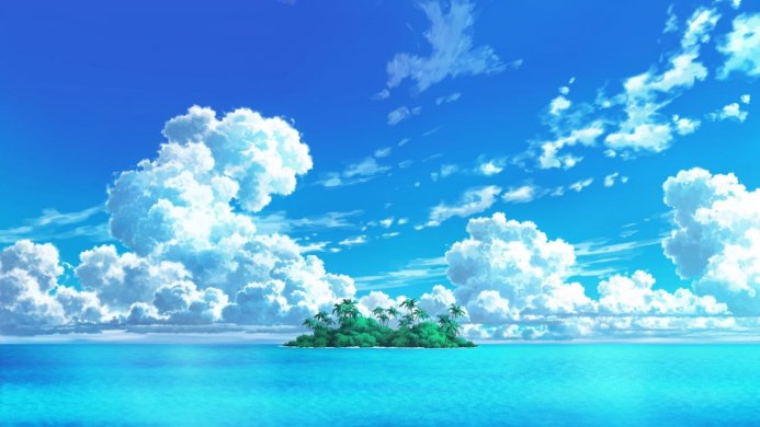 A small, lush island surrounded by turquoise water under a bright blue sky with fluffy white clouds
