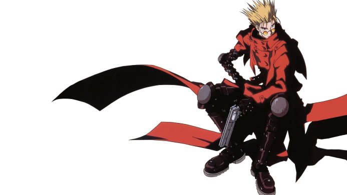 Vash the Stampede from Trigun, in red coat with gun, anime style