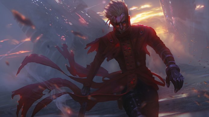 Vash the Stampede from Trigun, in a red coat and glasses, walking through a fiery landscape