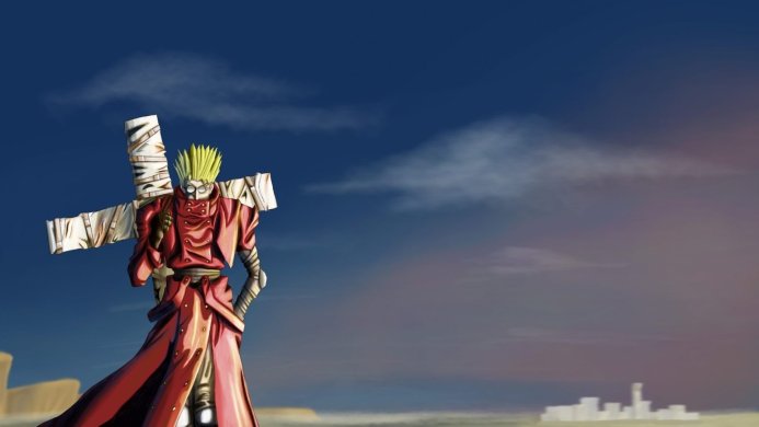 Vash the Stampede from Trigun carrying a large cross in a desert landscape