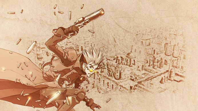 Vash the Stampede from Trigun in action, firing a gun amidst flying bullet casings