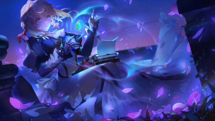 Violet Evergarden, anime character, blue dress, writing with typewriter, with purple petals